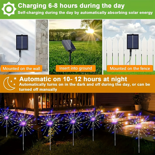 4Pcs Solar Powered 320 LED Fireworks Lights Multi Color,