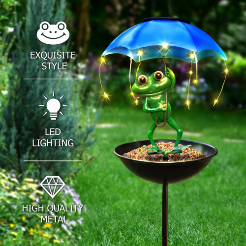 Solar Powered LED Frog Umbrella Light with Wild Bird Feeder