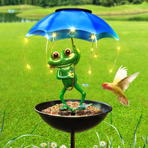 Solar Powered LED Frog Umbrella Light with Wild Bird Feeder