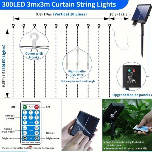 Solar Curtain Lights, 300 LED Outdoor Solar Powered