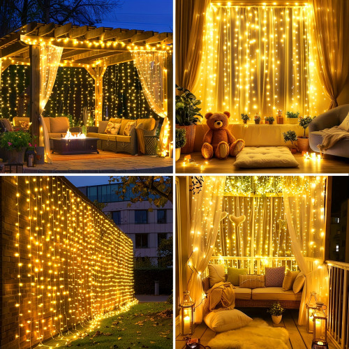 Solar Curtain Lights, 300 LED Outdoor Solar Powered