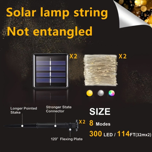 2PCS of 104FT (300LED) Solar Outdoor String Lights Flexible