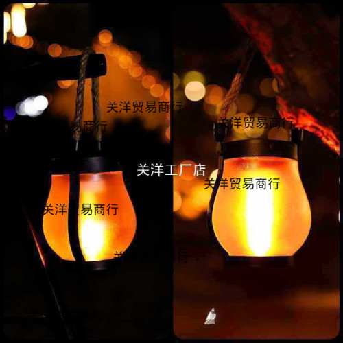 新款太陽能麻繩火焰燈懸掛戶外野營燈充電庭院裝飾多功能照