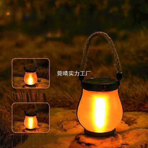 新款太陽能麻繩火焰燈懸掛戶外野營燈充電庭院裝飾多功能照可
