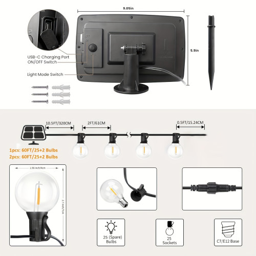 60FT/120FT/240FT Solar String Lights Outdoor Solar Patio