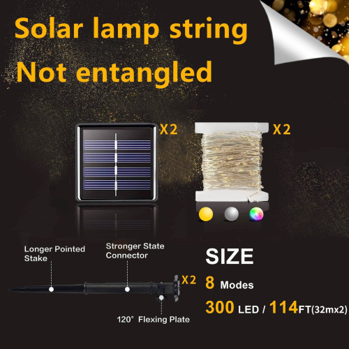 2 Pack Of 104FT (300LED) Solar Outdoor Lights Outdoor Solar