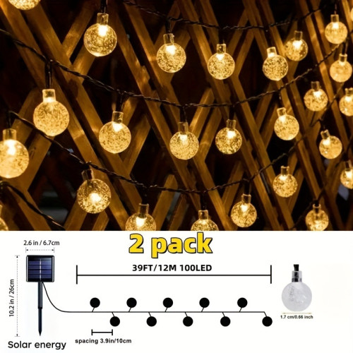 2 PACK 78 foot Solar String Lights, 200 LEDs Crystal BAll