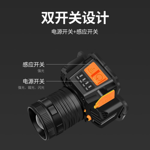 新款led手勢感應頭燈旋轉變焦頭燈USB充電強光戶外夜釣防水小頭燈