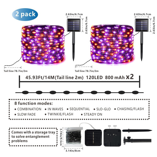 69FT 240 LED 2 Pack Orange & Purple Solar HAlloween Lights,