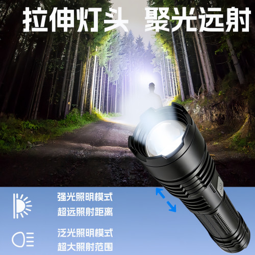 手電筒強光可充電式戶外超亮遠射伸縮調焦手電筒停電應急巡邏手電