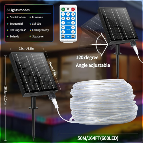 164FT Solar Rope Lights Outdoor 600LED, 2400mAh Type C