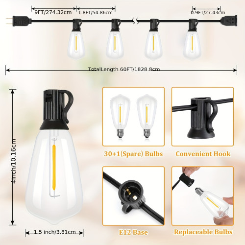 60FT 120FT 200FT LED Outdoor String Lights, Patio Lights