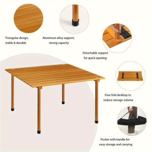 Portable Camping Table, Roll Up Wooden Folding Beach Table