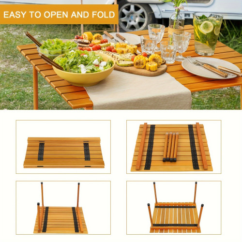 Portable Camping Table, Roll Up Wooden Folding Beach Table