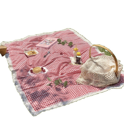 法式ins花邊紅格子野餐墊桌布春秋遊露營草地墊子復古紅格餐桌墊