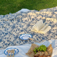 法式戶外露營野餐布春遊青花防潮墊可攜式草地墊子加厚防潮墊沙灘毯