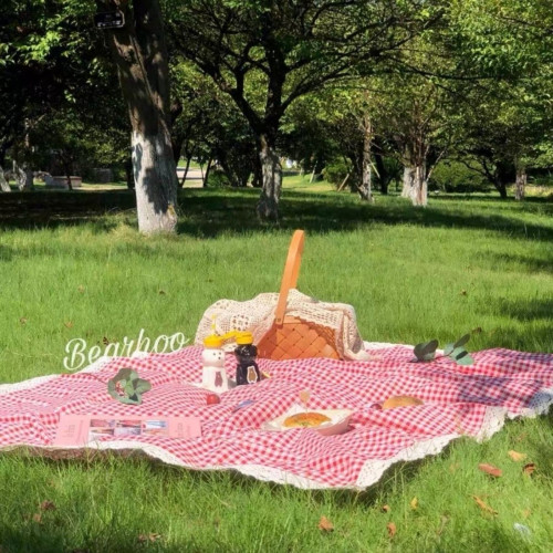 春遊戶外野餐墊花邊紅格子加厚防潮可攜式草地墊露營拍照沙灘隔墊