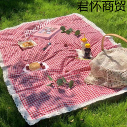 春遊戶外野餐墊花邊紅格子加厚防潮可攜式地墊露營拍照沙灘隔墊