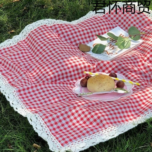 春遊戶外野餐墊花邊紅格子加厚防潮可攜式地墊露營拍照沙灘隔墊
