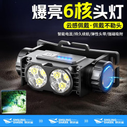 微笑鯊強磁電顯爆亮六核頭燈超輕可調角度C口充電夜釣燈頭戴式燈