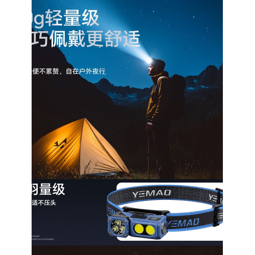 強光多功能戶外照明感應磁吸雙頭旋轉頭燈高亮迷你騎行登山充電燈