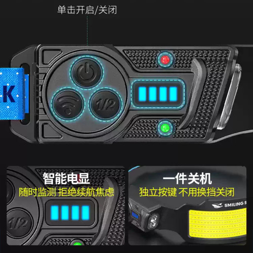 微笑鯊2026新款頭燈戶外大容量照明夜釣頭帶燈電顯感應釣魚工作燈