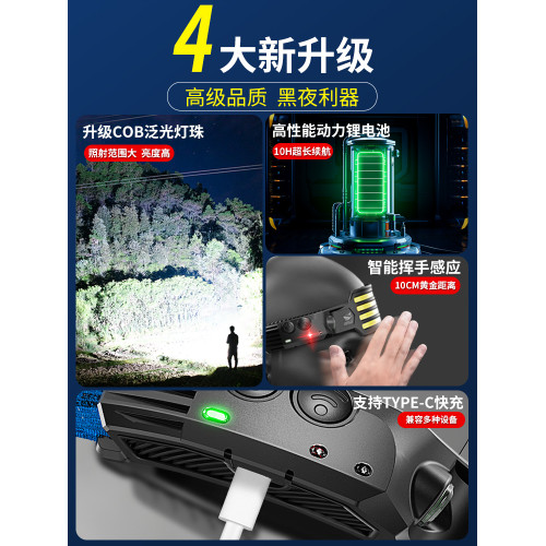 2025新款頭燈強光超亮充電感應夜釣魚頭戴式超輕長續航COB泛光燈