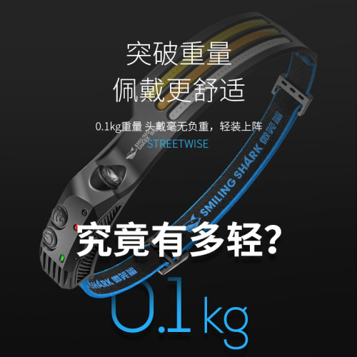微笑鯊強光充電新款頭燈超亮led0123戶外感應夜釣魚燈超輕工作燈