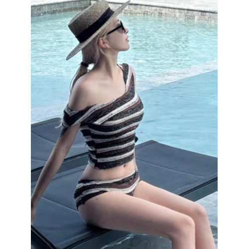 2026韓國新款泳衣女時尚性感分體平角比基尼四件套青春條紋小胸款