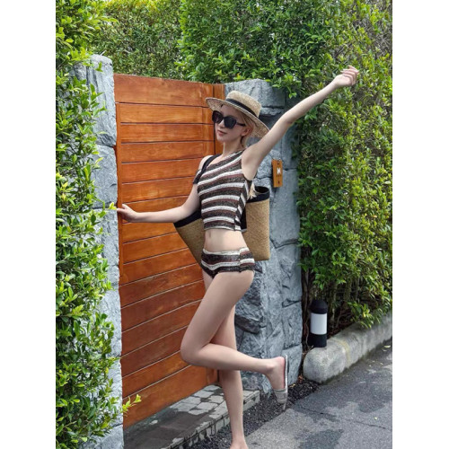 2026韓國新款泳衣女時尚性感分體平角比基尼四件套青春條紋小胸款