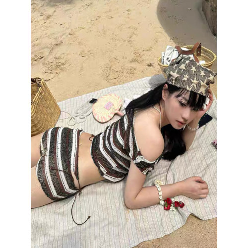 2026韓國新款泳衣女時尚性感分體平角比基尼四件套青春條紋小胸款