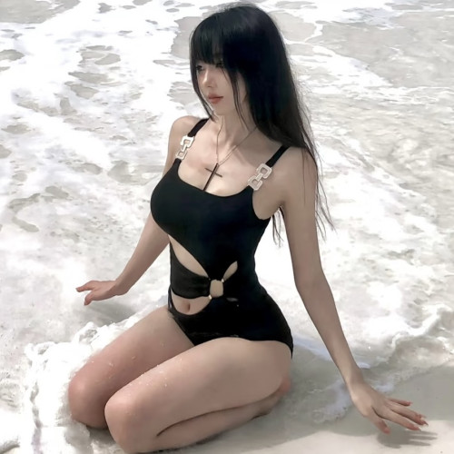 網紅款黑色連體泳衣女顯瘦爆款鏤空純欲高級海邊度假休閒性感修身