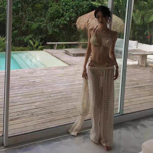 2025新款歐美風網紅辣妹長褲長袖分體比基尼防曬海邊度假風泳衣