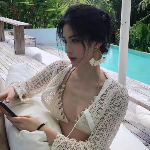 2025新款歐美風網紅辣妹長褲長袖分體比基尼防曬海邊度假風泳衣