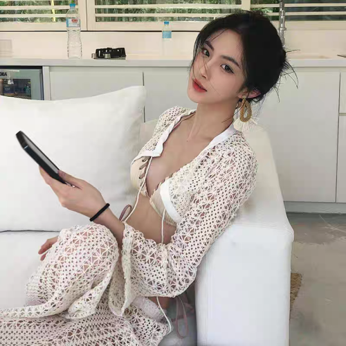 2025新款歐美風網紅辣妹長褲長袖分體比基尼防曬海邊度假風泳衣