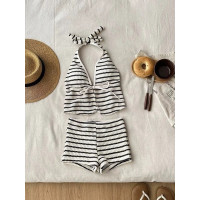 條紋泰國泳衣女分體式海邊度假辣妹掛脖平角比基尼泡溫泉泳裝