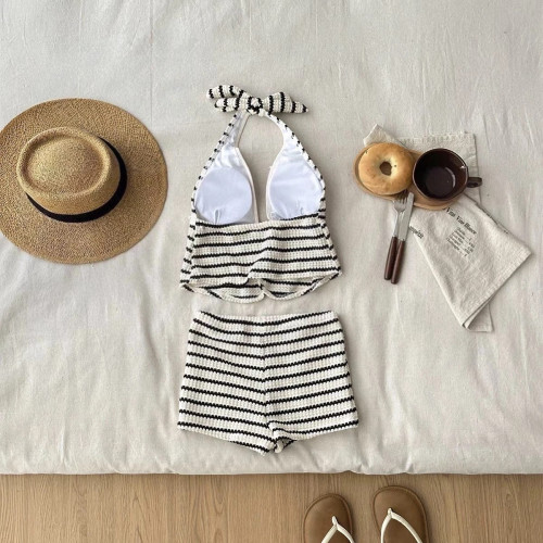 條紋泰國泳衣女分體式海邊度假辣妹掛脖平角比基尼泡溫泉泳裝