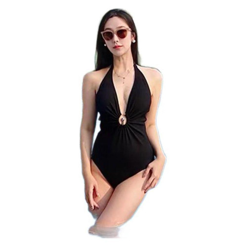 復古港風辣妹深V領性感連體三角泳衣女網紅同款顯白顯瘦遮肚泳衣