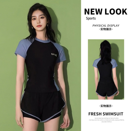 運動款泳衣女分體套裝短袖大碼胖mm遮肉顯瘦保守平角褲韓國泡溫泉