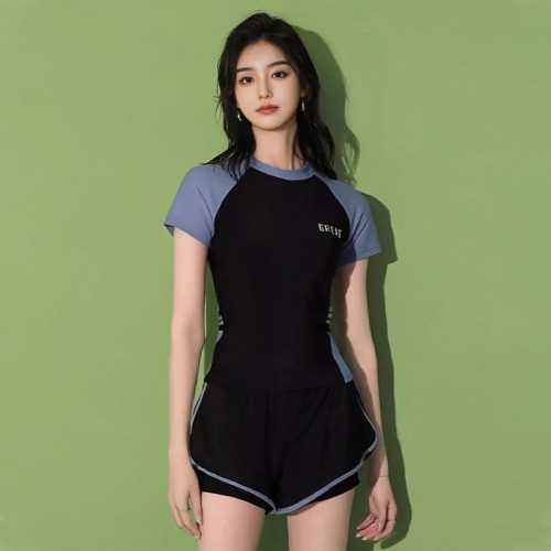 運動款泳衣女分體套裝短袖大碼胖mm遮肉顯瘦保守平角褲韓國泡溫泉