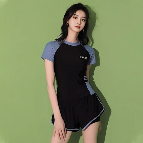 運動款泳衣女分體套裝短袖大碼胖mm遮肉顯瘦保守平角褲韓國泡溫泉