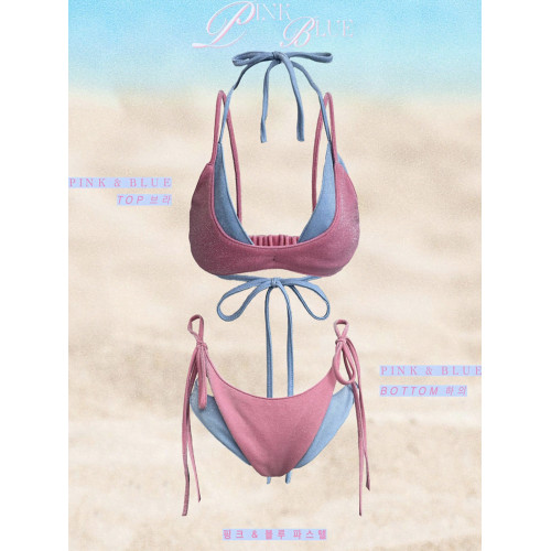 辣妹自製撞色曡穿比基尼四件套女2025年新款海鹽薄荷度假分體泳衣