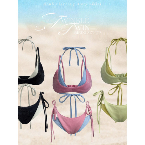 辣妹自製撞色曡穿比基尼四件套女2025年新款海鹽薄荷度假分體泳衣