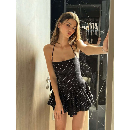 泳衣女純欲辣妹復古波點掛脖裙式連體遮肚顯瘦2026新款泡溫泉度假