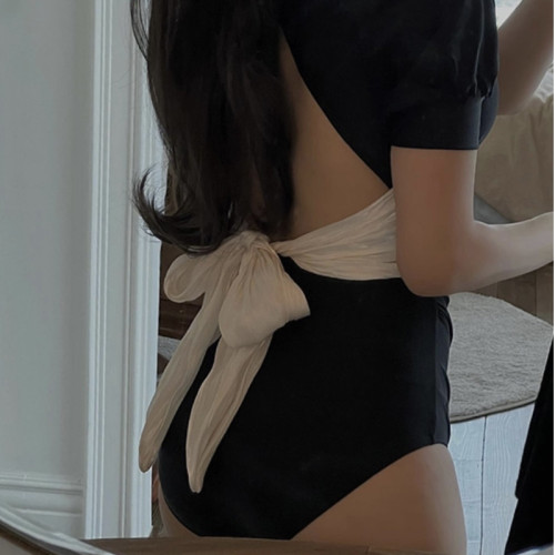 韓國輕奢簡約復古性感露背大蝴蝶結連體裙款短袖遊泳衣女泳裝
