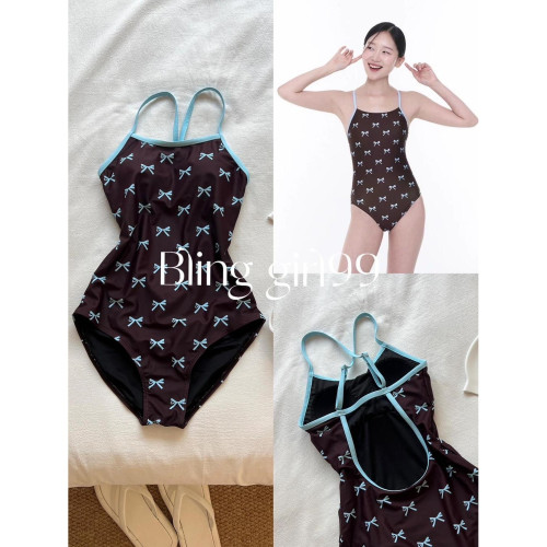 【黑巧】蝴蝶結印花露背泳衣女顯瘦競速泳衣遊泳衣女連體三角可愛