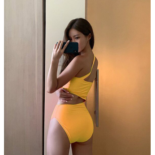 韓國黑色性感露背單肩顯瘦連體泳衣女帶胸墊溫泉泳裝