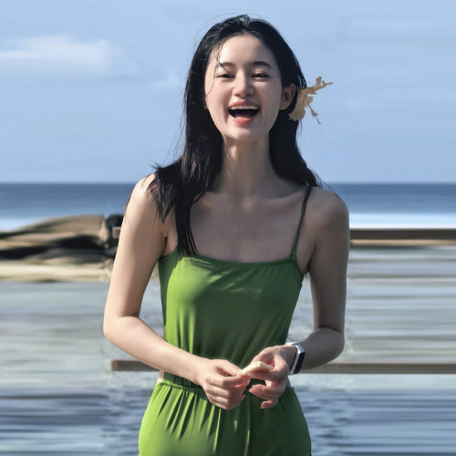 郭曉婷同款性感純欲綠色顯白連體泳衣女遮肚顯瘦露背溫泉度假泳裝