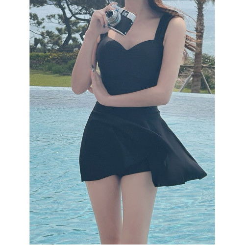 高顔值純色泳衣女無袖性感露背性感遮肚顯純欲瘦連體溫泉裙式泳裝