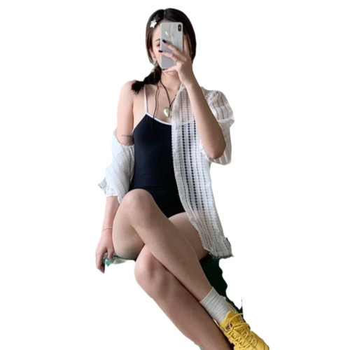 韓國東大門ins風復古條紋簡約小胸少女性感露背連體遊泳衣女